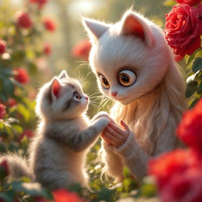 The primary subject of the image is a white cat with a pink nose, standing next to a small kitten. The setting is a flower garden with red flowers, creating a beautiful and serene backdrop. The visual style of the image is a digital art or illustration, showcasing the cats' unique features and the vibrant colors of the flowers. The overall atmosphere of the image is warm, friendly, and inviting, with the cats seemingly enjoying their time in the garden.